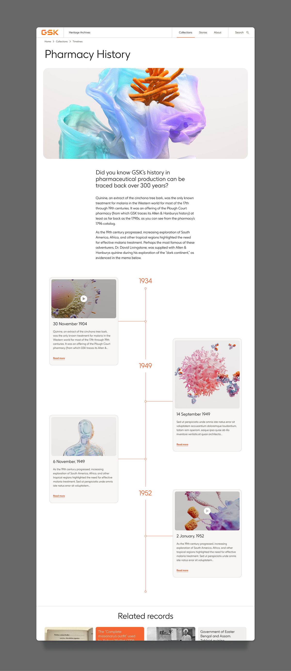 Image of the Timeline page and features on the GSK Heritage archives website.